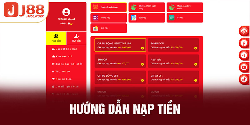 hướng dẫn nạp tiền vào tài khoản j88